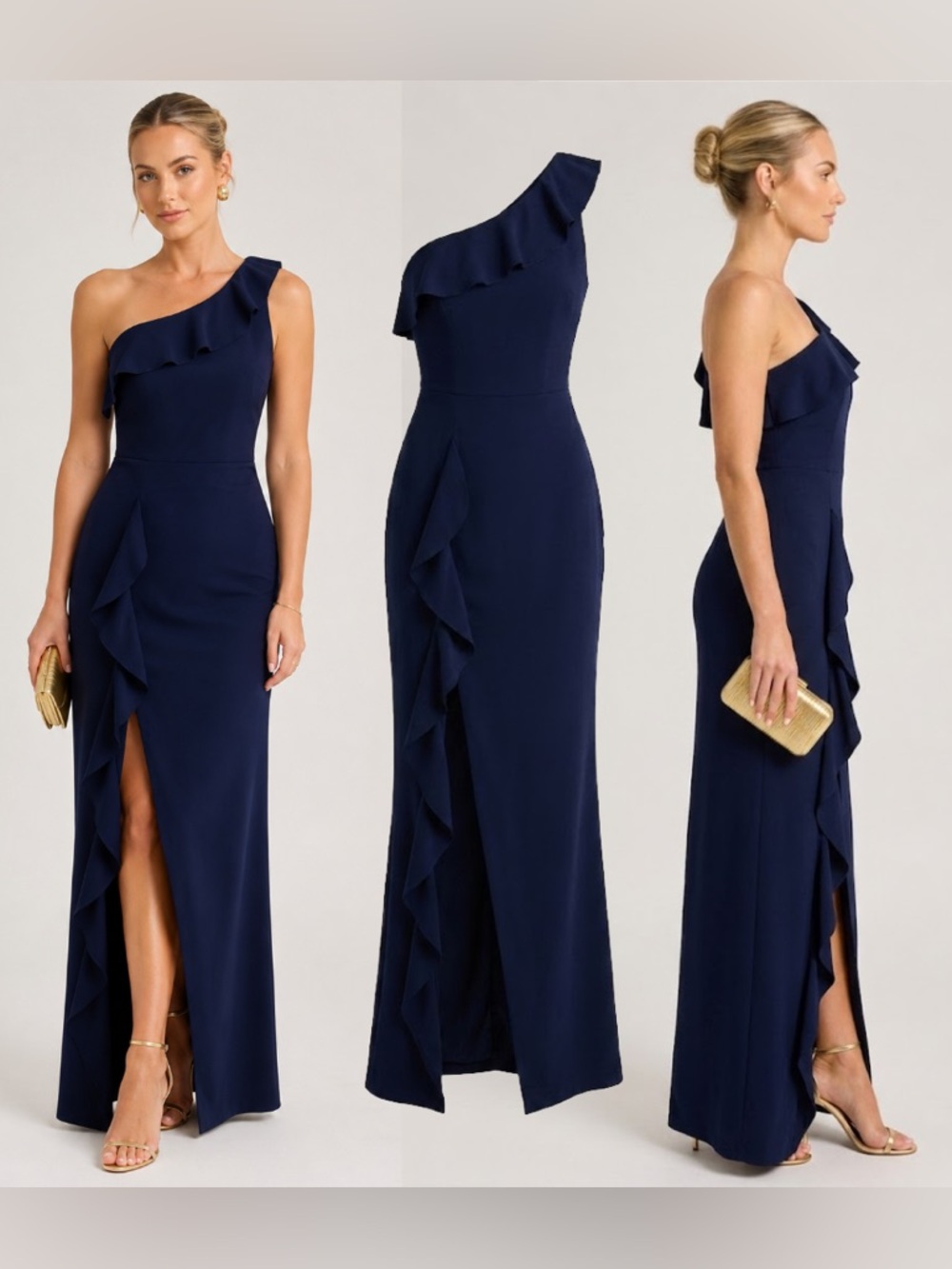 Calvin Klein Navy One Shoulder Ruffle Gown Maxi Dress Wedding Events Formal Sz 8